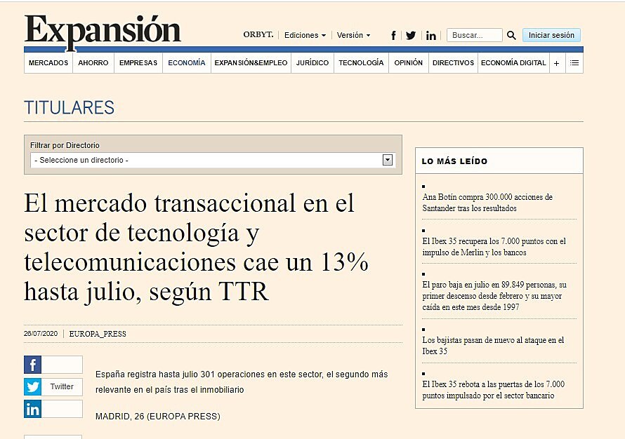 El mercado transaccional en el sector de tecnologa y telecomunicaciones cae un 13% hasta julio, segn TTR